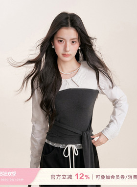 Kroche  Geek chic 假两件条纹拼接针织翻领绑带长袖收腰衬衫