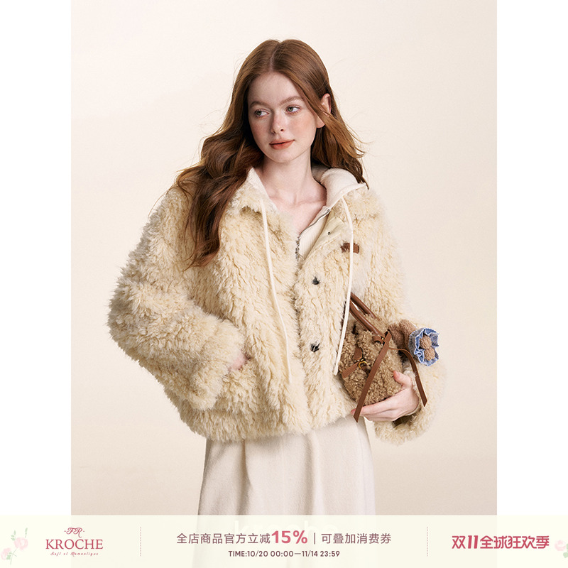 Kroche  奶油泡芙 皮毛一体 卷毛泰迪熊短款羊羔毛过冬厚外套