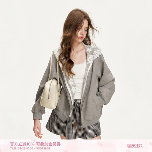 莫代尔假两件蕾丝连帽卫衣外套