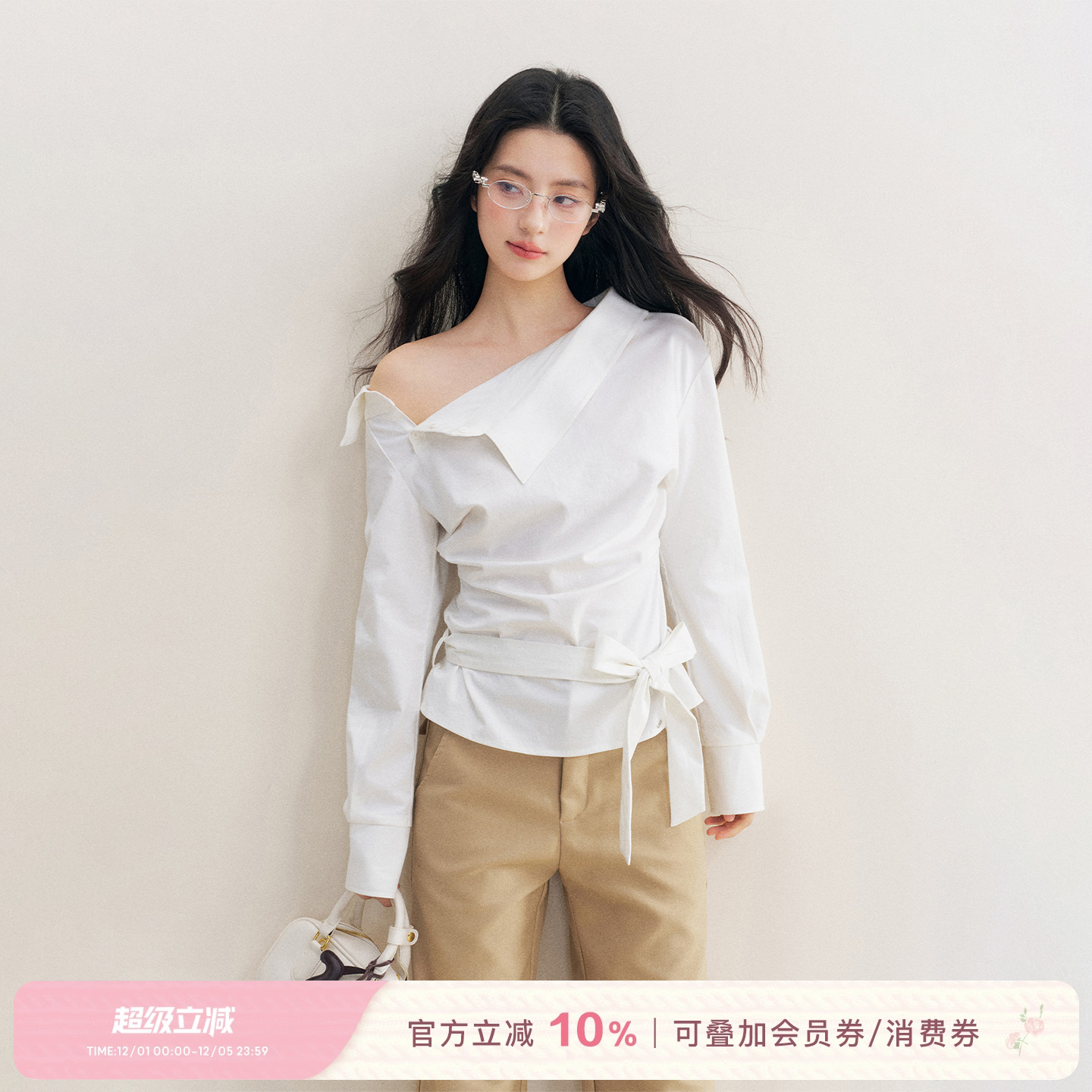 不规则抽褶系带修身斜肩长袖衬衫