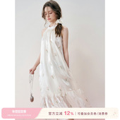 浪漫花卉 徐艺洋同款 Kroche 郁金香欧根纱系带挂脖连衣裙度假风