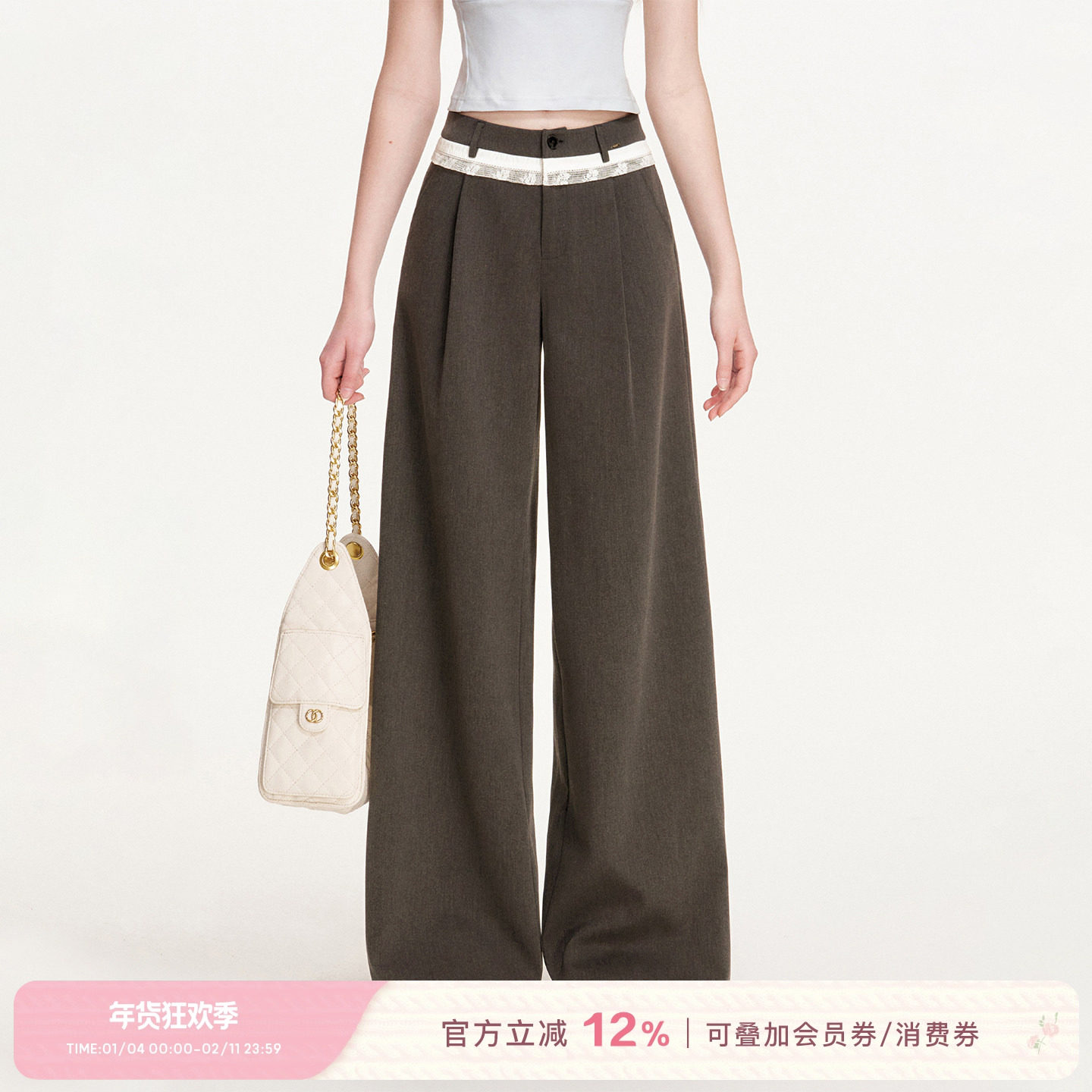 Kroche 26ss 浪漫蕾丝 天丝羊毛 腰头蕾丝花边拼接压褶阔腿休闲裤,女装/女士精品,休闲裤,淘宝优惠券,粉丝福利购,淘宝优惠卷