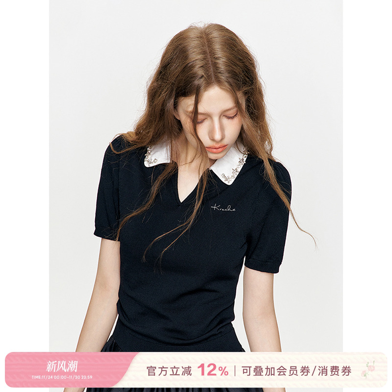 Kroche领口手工钉珠针织短袖