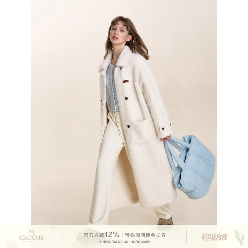Kroche羊羔毛混纺翻领双排扣大衣
