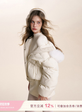 Kroche 90白鸭绒 温暖泡芙 可拆卸毛领连帽羽绒服保暖短外套