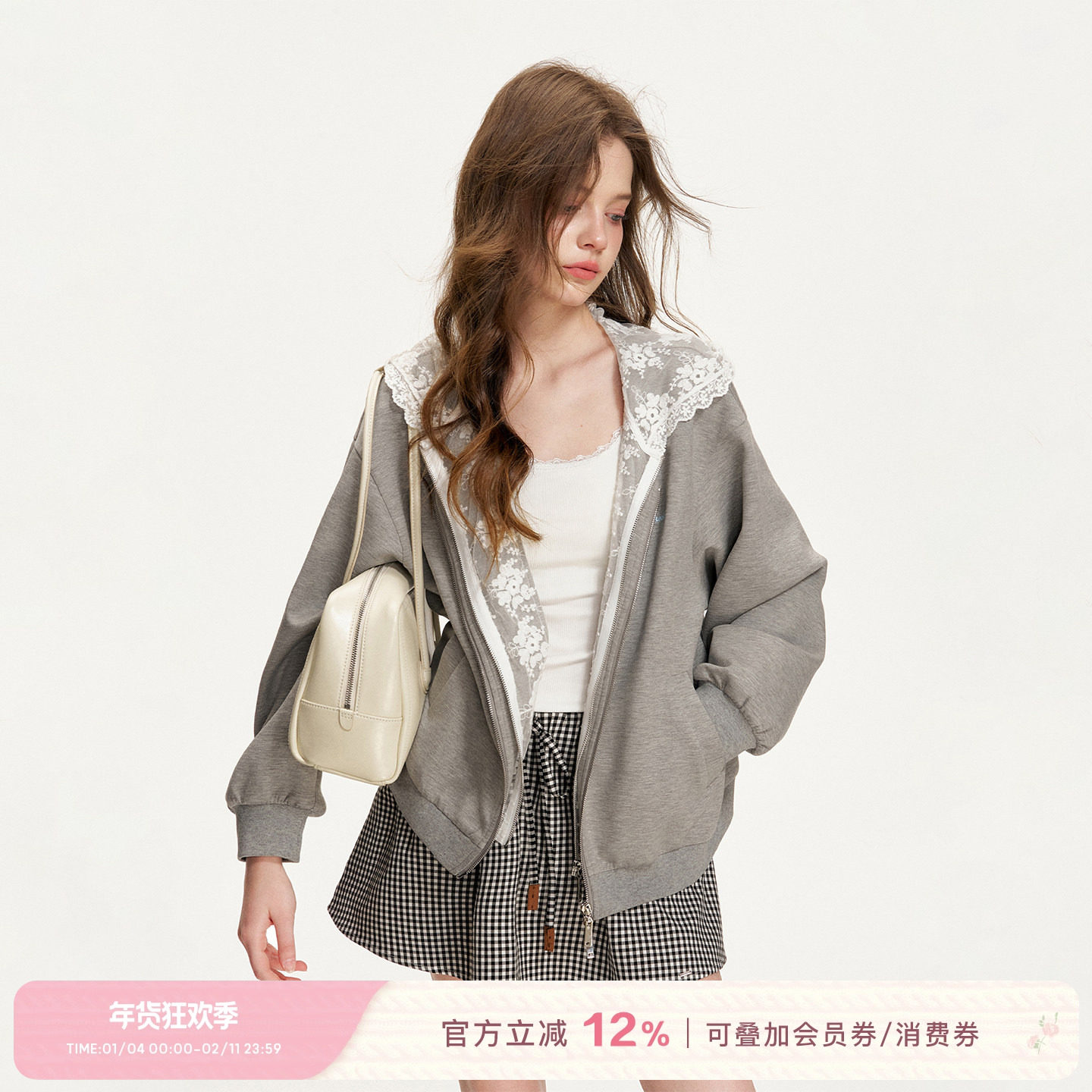 Kroche 26ss Blokette 蕾丝拼接连帽 莫代尔空气层 拉链卫衣外套,女装/女士精品,卫衣/绒衫,淘宝优惠券,粉丝福利购,淘宝优惠卷