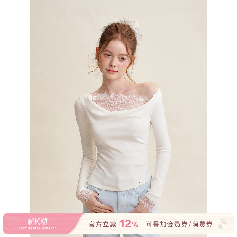 斜肩荡领蕾丝拼接抽褶长袖T恤