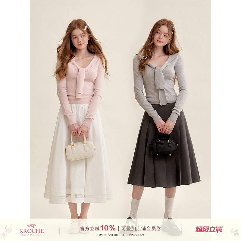 羊毛混纺海军领披肩V领针织衫