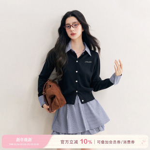 格纹翻领拼接假两件针织开衫 白鹿同款 羊毛混纺 25aw Kroche