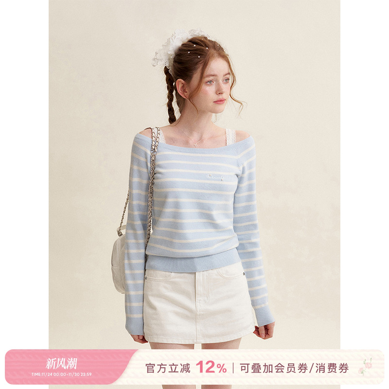 一字领蓝白条纹宽松套头针织衫