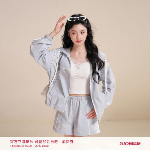 花边拼接宽松连帽外套短裤套装