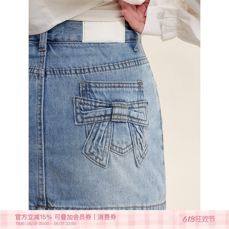 Kroche  Blokette 蝴蝶结贴布绣 棉质A字短款牛仔半身裙