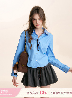 Kroche 25aw Geek chic 花边拼接 全棉翻领长袖短款宽松衬衫