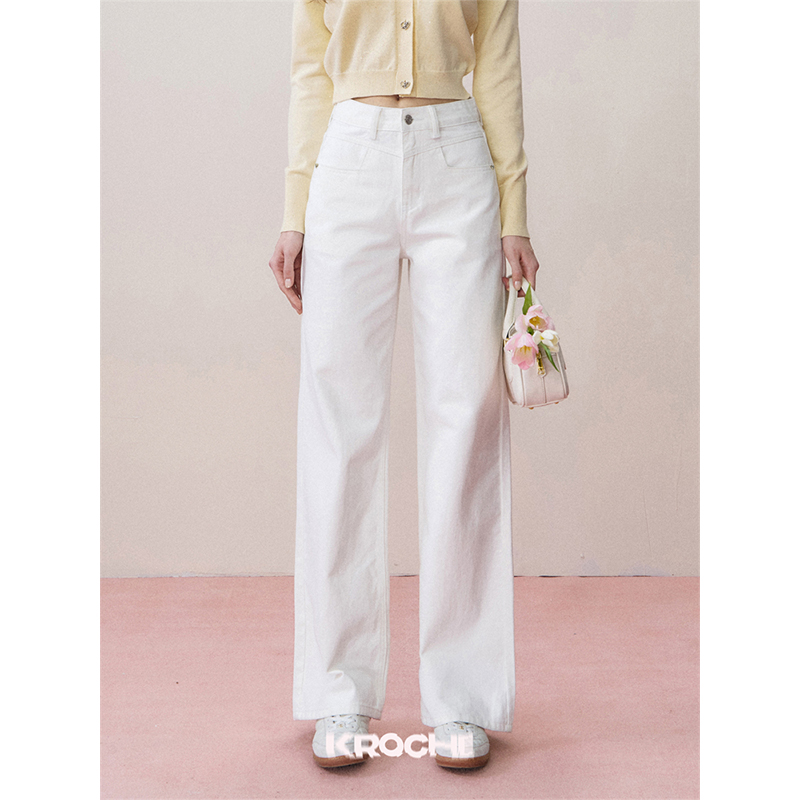 Kroche  retro jeans 高腰休闲阔腿百搭直筒白色牛仔裤