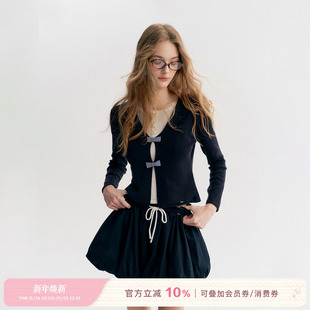 羊毛混纺海军领针织衫 Kroche 撞色假两件 格纹蝴蝶结 上衣 25aw