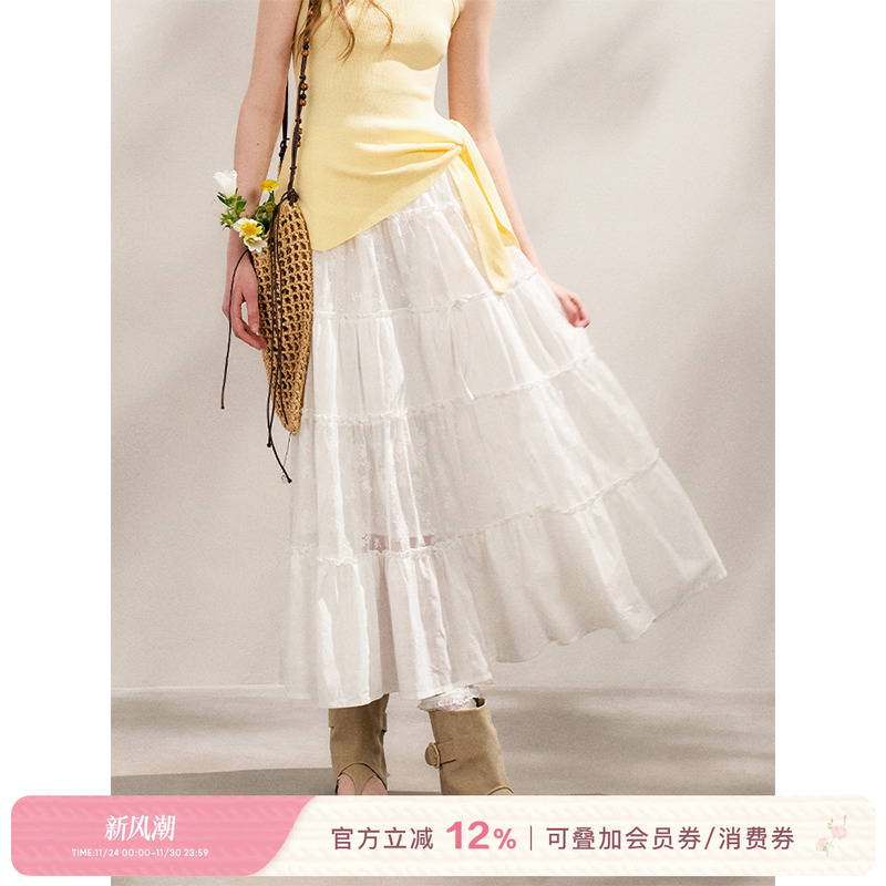 镂空五瓣花蕾丝拼接花边半身长裙