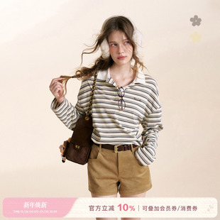 Polo领撞色链条绣加厚磨毛条纹宽松长袖 复古慵懒 T恤 25aw Kroche