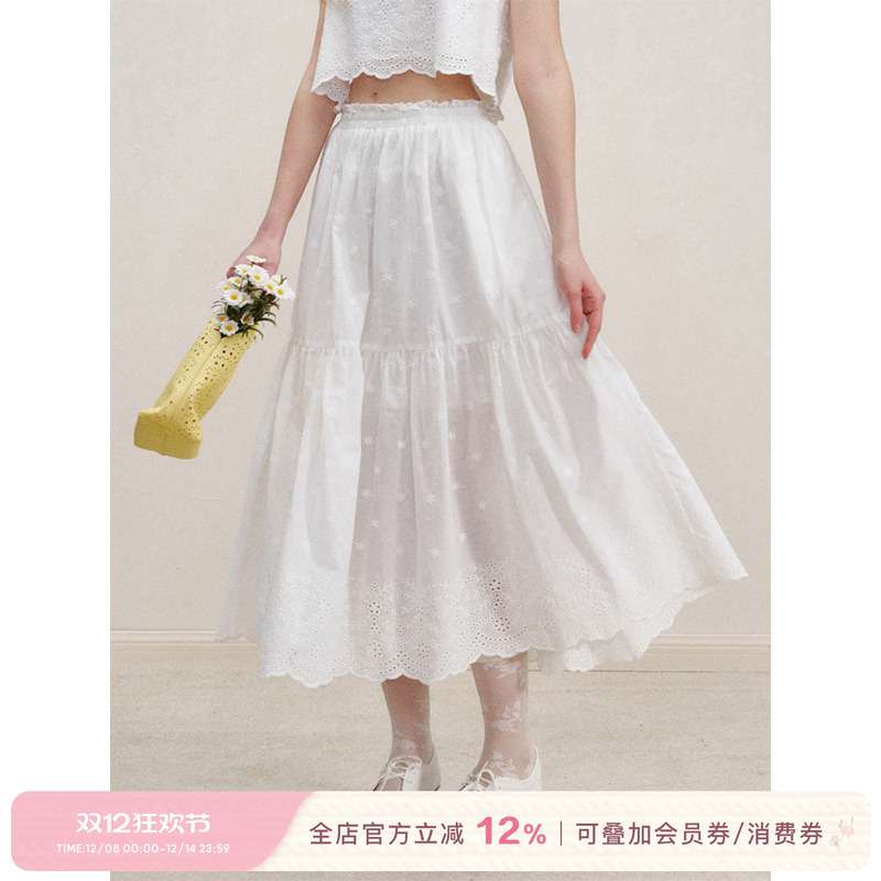 镂空刺绣法式蕾丝花边长半裙