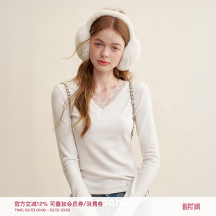 长袖 Kroche v领修身 蕾丝拼接 T恤上衣打底 慵懒法式