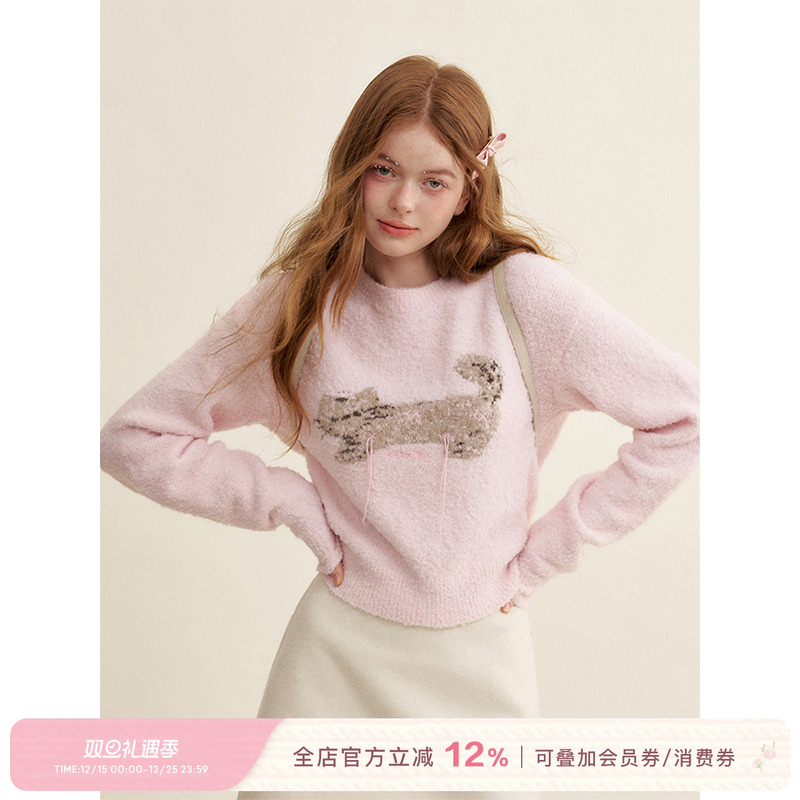 羊毛混纺猫咪提花圆领针织衫