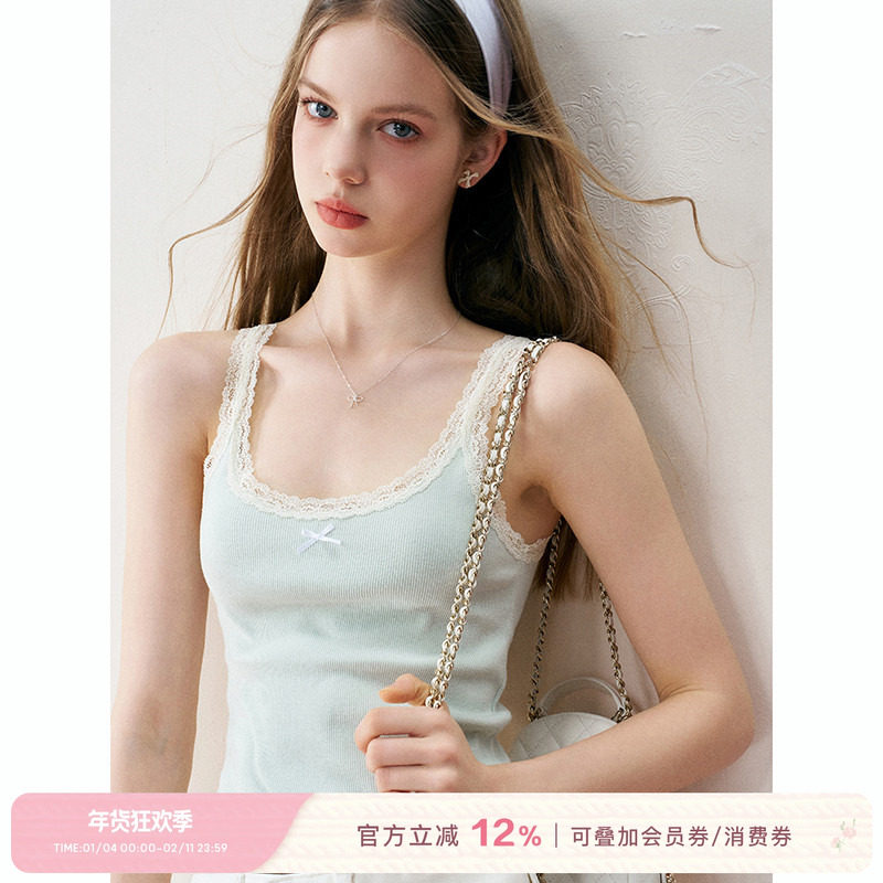 Kroche  蕾丝拼接 缎带蝴蝶结 糖果色百搭吊带背心外穿上衣