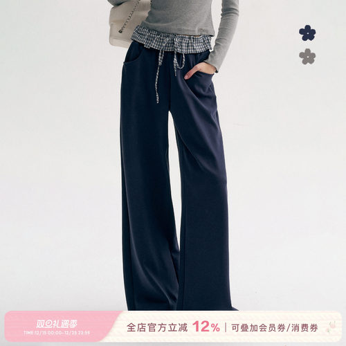 撞色格纹拼接抽绳阔腿休闲卫裤