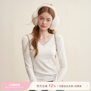 Kroche 慵懒法式 蕾丝拼接 v领修身长袖T恤上衣打底