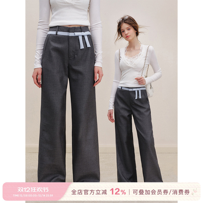 撞色蝴蝶结高腰阔腿长裤