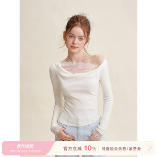 蕾丝拼接抽褶斜肩荡领长袖 Kroche 不对称设计 浪漫蕾丝 T恤 25ss