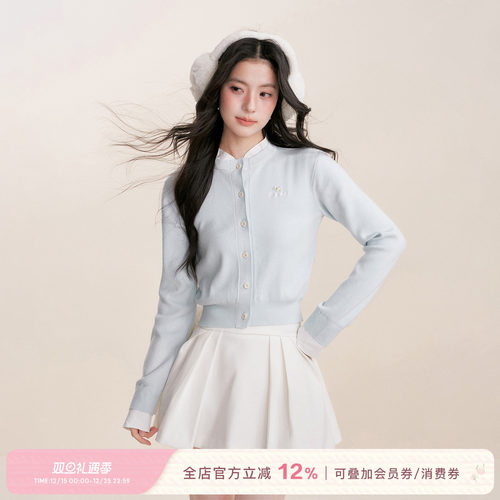 假两件拼接植绒小狗刺绣针织开衫