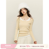 Kroche 内搭 圆领针织修身 奶油色调 绒绒貂绒假两件过冬打底