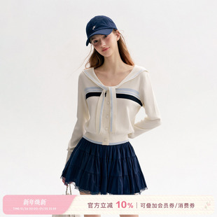 海军领系带披肩撞色毛衣开衫 定染蕾丝花边 Kroche 张小婉同款