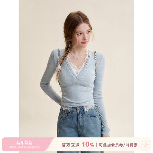 法式蕾丝拼接修身V领针织衫