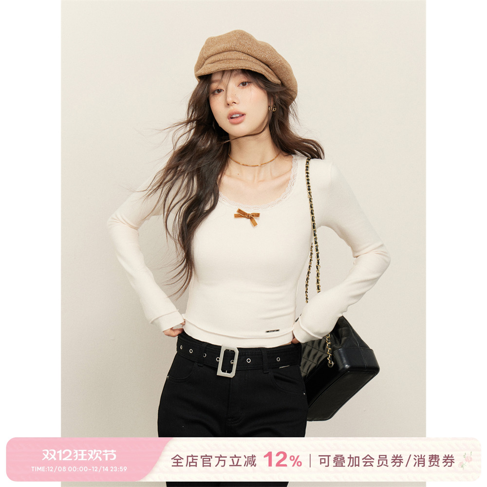 Kroche 丝绒蝴蝶结蕾丝领边德绒打底衫女春秋洋气好看上衣