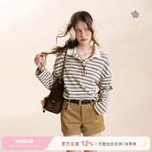 Polo领撞色链条绣加厚磨毛条纹宽松长袖 Kroche 复古慵懒 T恤