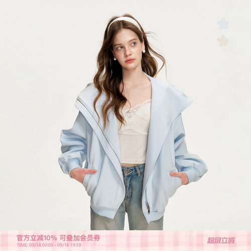 宽松大翻领连帽双拉链卫衣外套