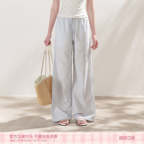 亚麻棉抽绳宽松高腰阔腿休闲长裤