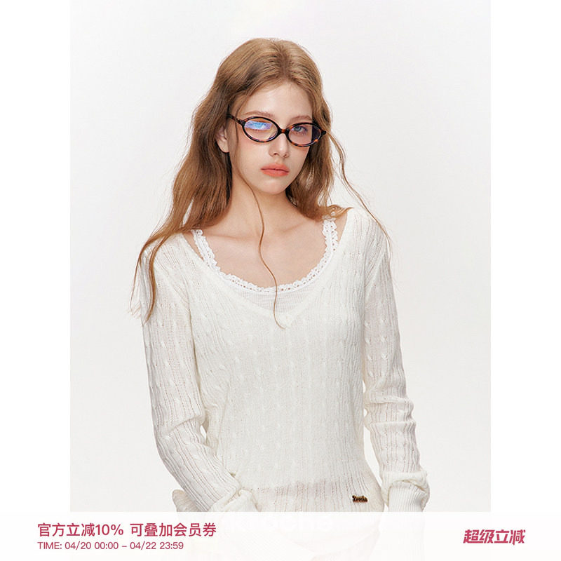 任敏同款 Kroche  山羊绒+绵羊毛 V领镂空麻花套头罩衫上衣