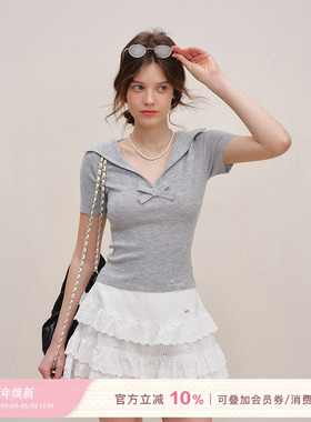 Kroche 25ss Balletcore 桑蚕丝羊毛混纺 V领蝴蝶结针织短袖