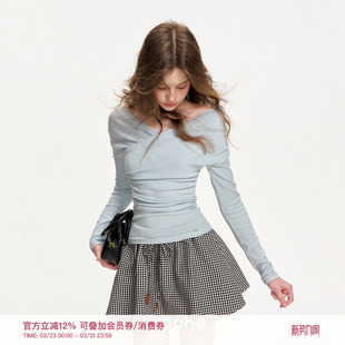 皮质头撞色抽绳格纹无腰头A字短款 春日格调 半身裙 26ss Kroche