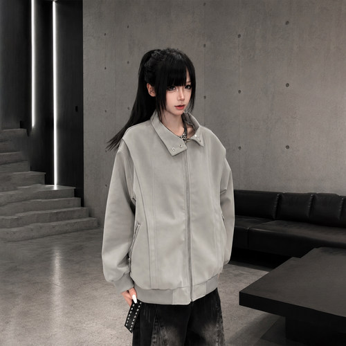 ZCNT-春秋立领宽松休闲百搭飞行夹克拉链设计感服外套