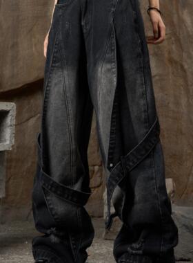 ZCNT-原创百搭直筒复古水洗拼接设计做旧牛仔工装裤