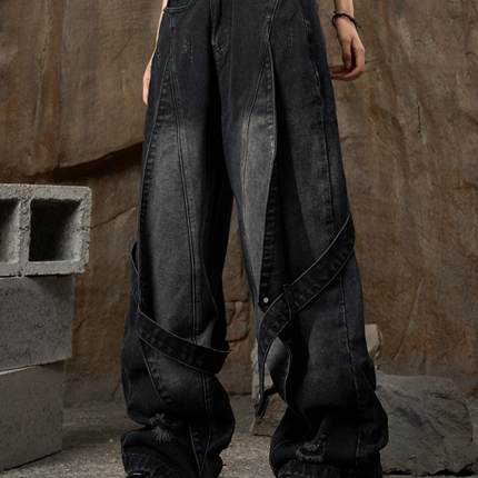 ZCNT-原创百搭直筒复古水洗拼接设计做旧牛仔工装裤