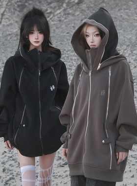 ZCNT逅来者秋冬美式多拉链设计感连帽卫衣重磅纯色小众开衫上衣