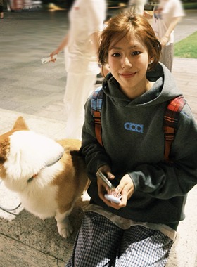 ATRY连帽卫衣男款秋冬潮牌美式宽松灰色重磅刺绣情侣装帽衫外套女