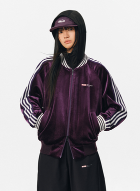 ATRY撞色织带丝绒夹克男春季新款拼接设计美式复古运动圆领外套女