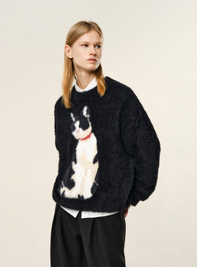 ATRY小猫图案毛衣女秋冬复古保暖毛绒内搭圆领仿水貂毛针织衫上衣