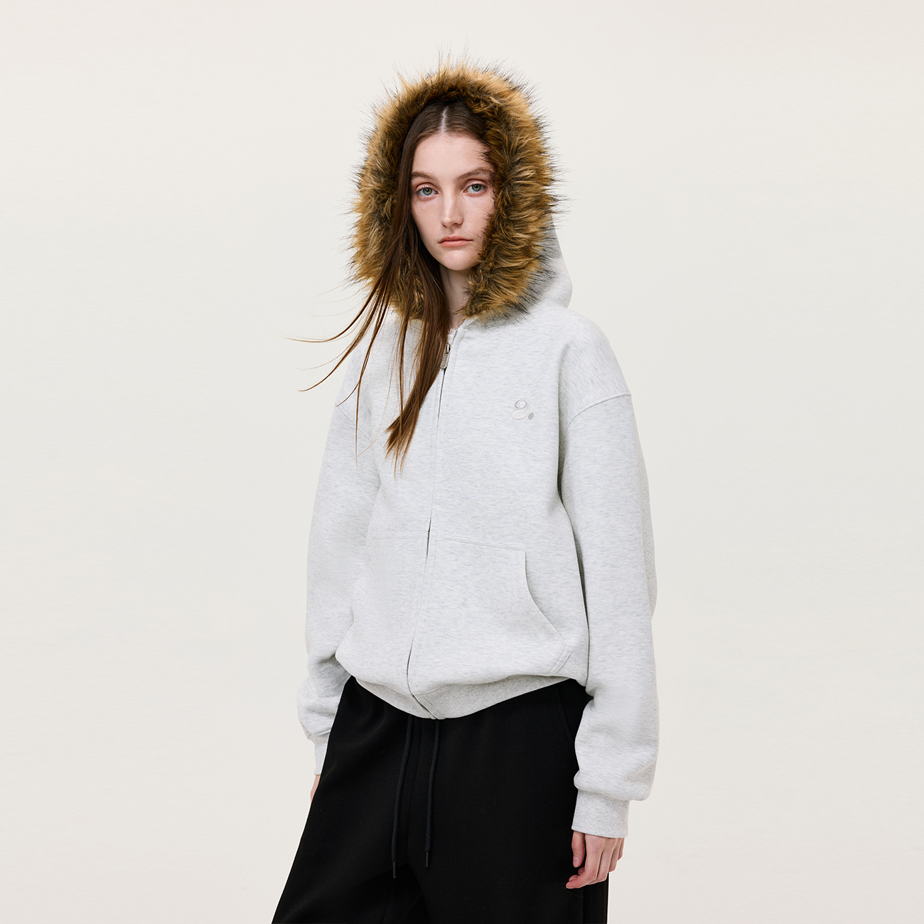 空气层毛领连帽开衫卫衣