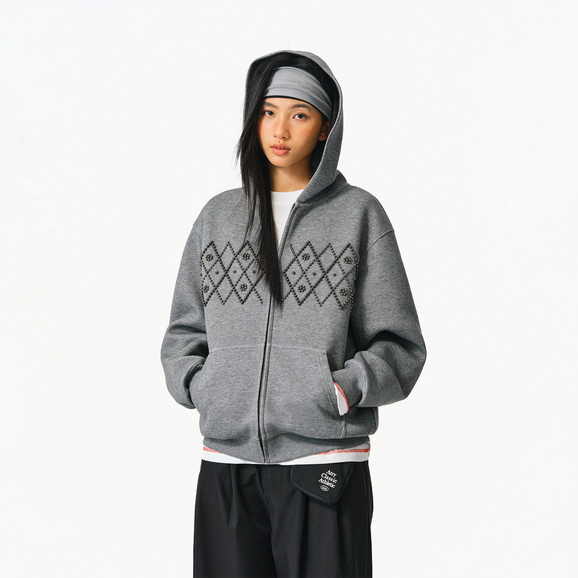 ATRY菱格钉珠拉链开衫卫衣男重磅