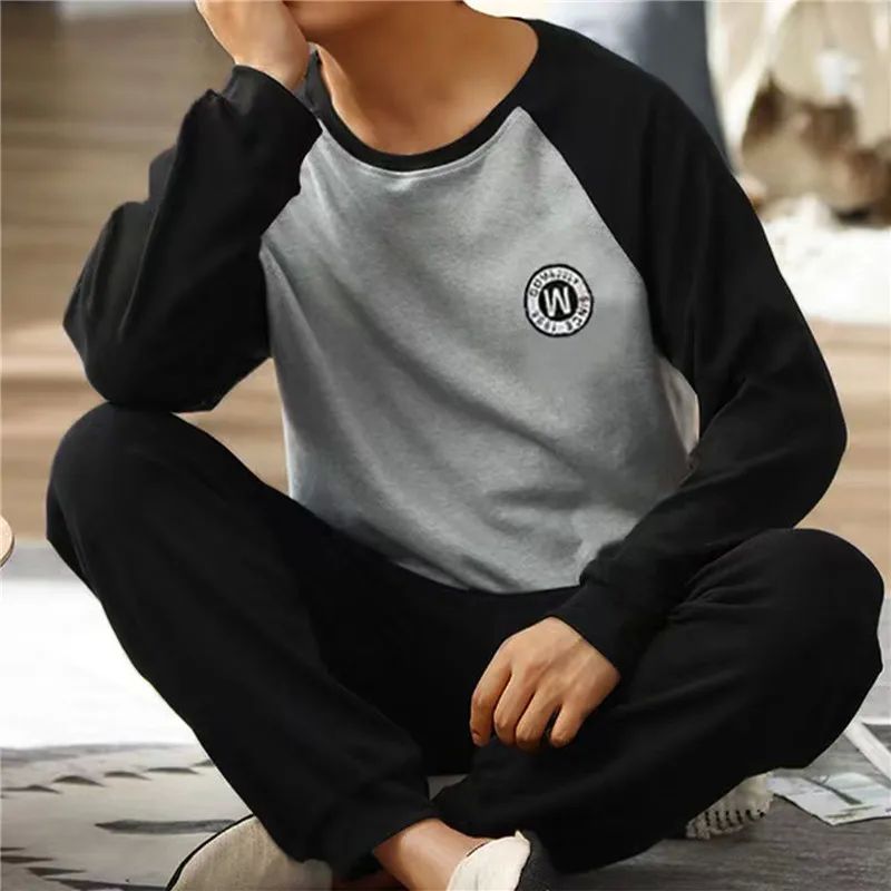 Men Plus Size Pajama Set Solid Round Neck Knitted Cotton Paj-封面